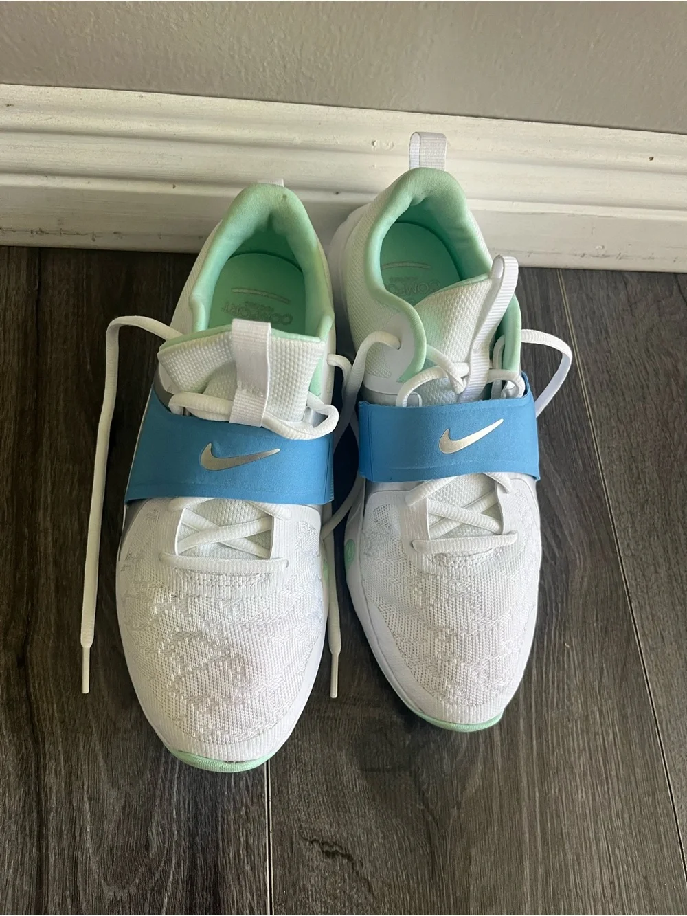 Women’s Nike White Sneakers with Light Blue Strap and Mint Lining